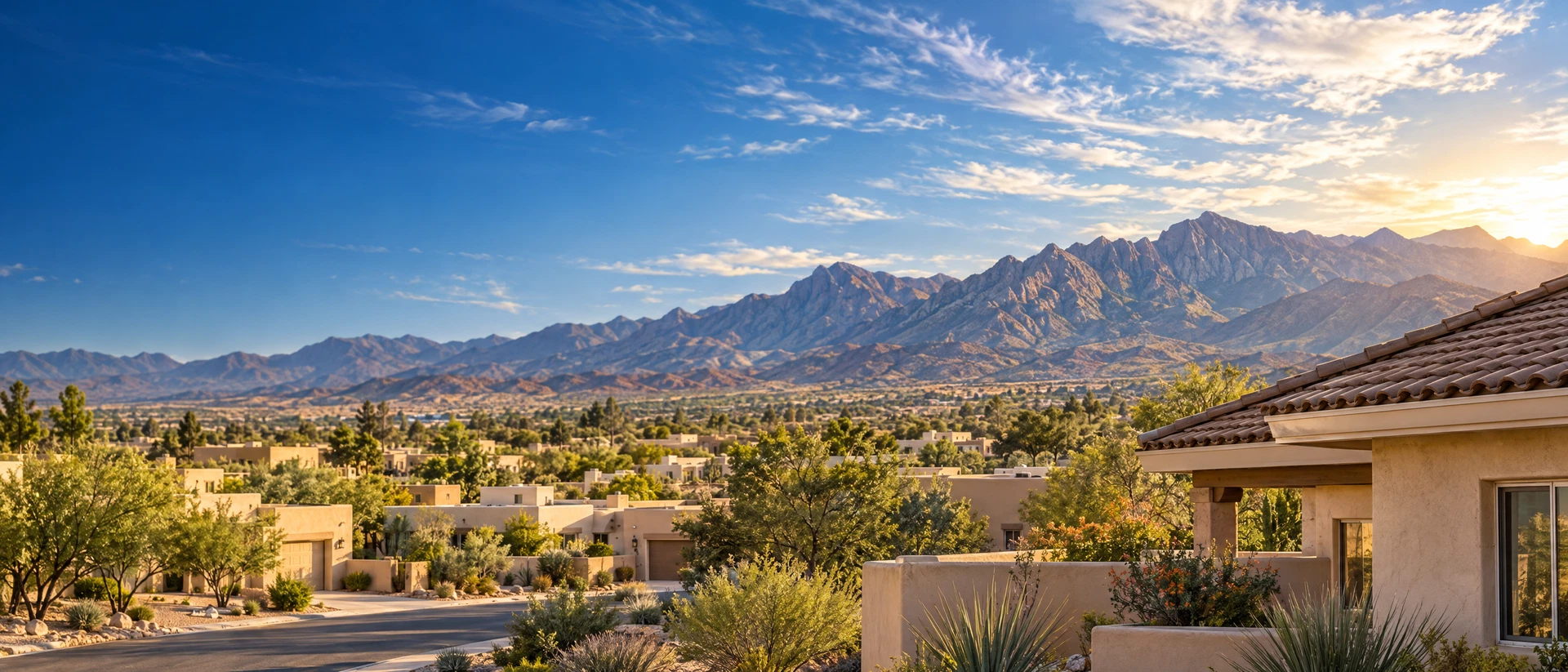 Illustrated desert neighborhood landscape surrounded by mountains