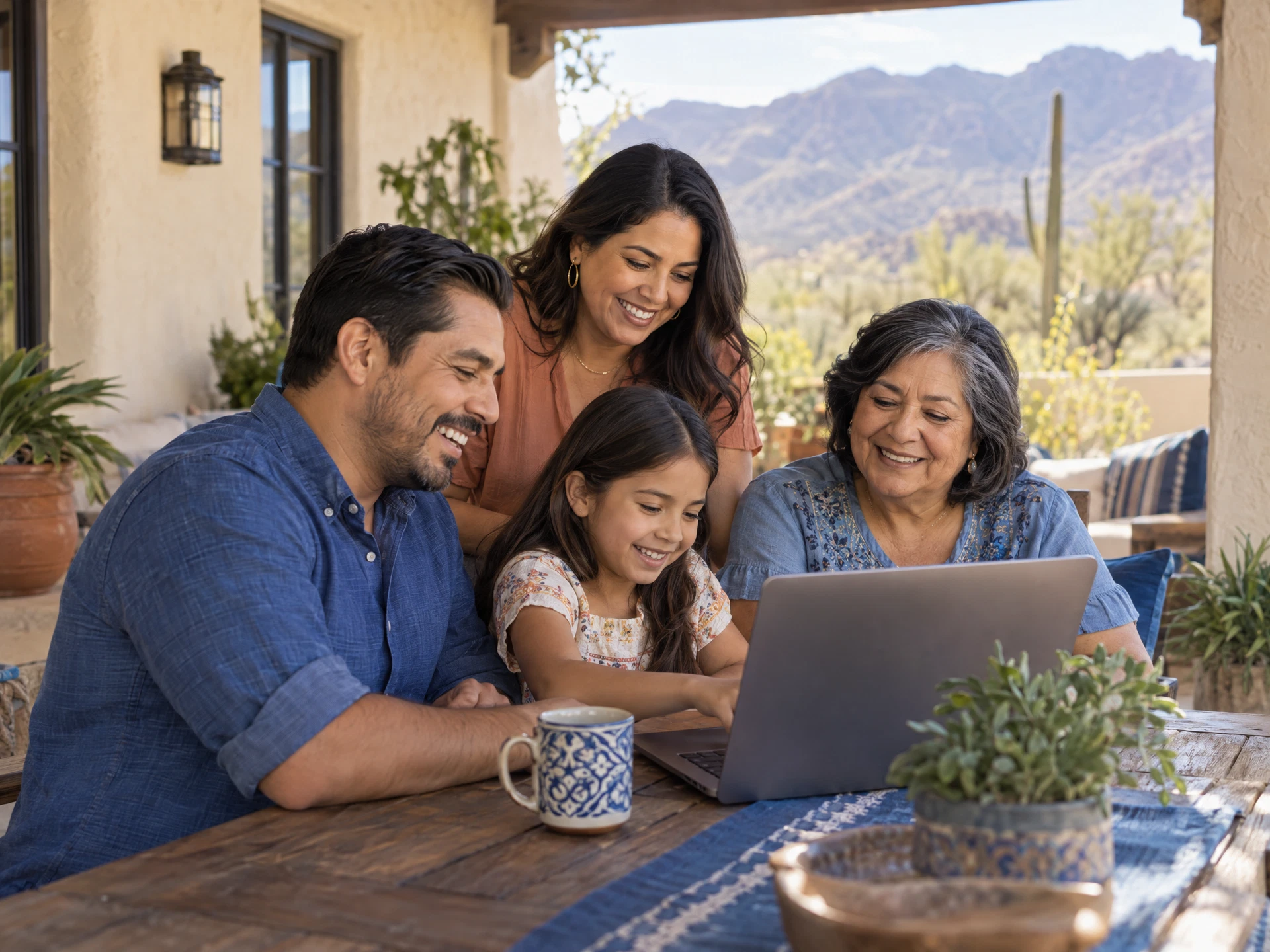 Illustrated scene of a family sharing a moment with a computer in their backyard